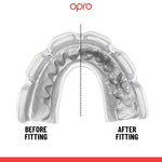 OPRO Instant Custom-Fit mouthguard for braces, before and after fitting, white interior: uncompressed versus moulded to the teeth