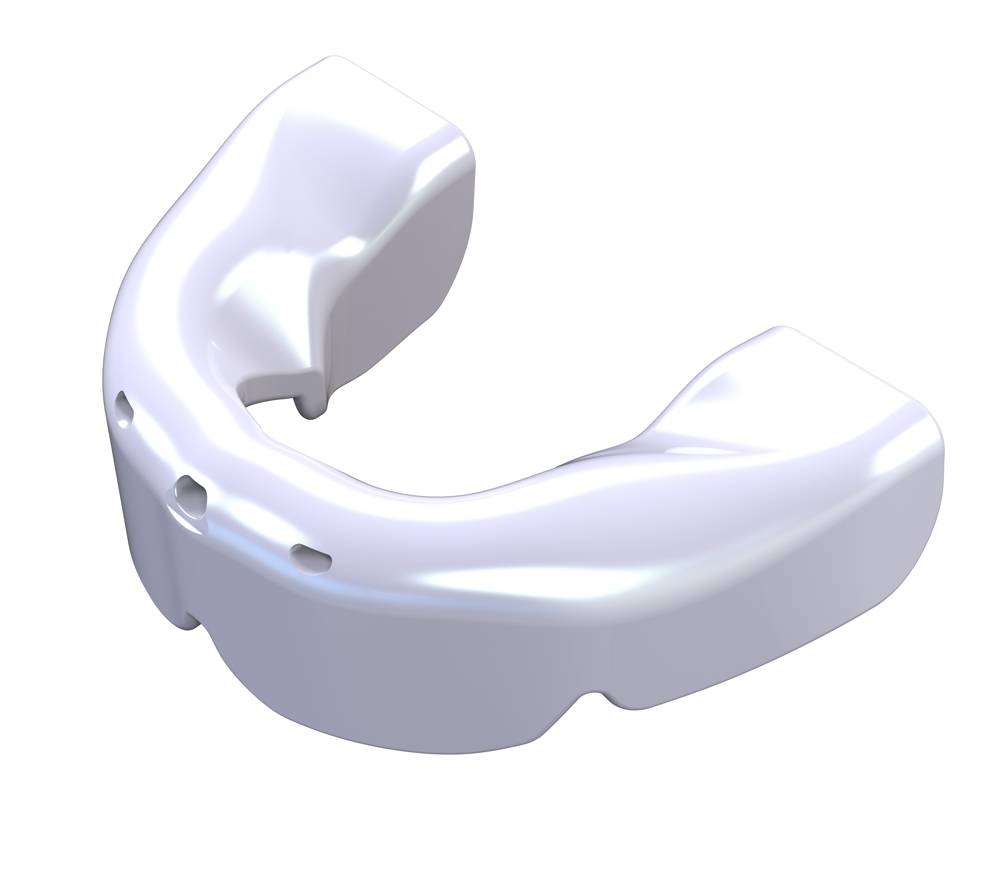 A white lower braces mouthguard used for protecting teeth during sports, designed for users with fixed braces on their bottom teeth.