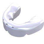 A white lower braces mouthguard used for protecting teeth during sports, designed for users with fixed braces on their bottom teeth.