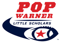 Pop Warner Little Scholars logo featuring bold red text with a blue football design and star.