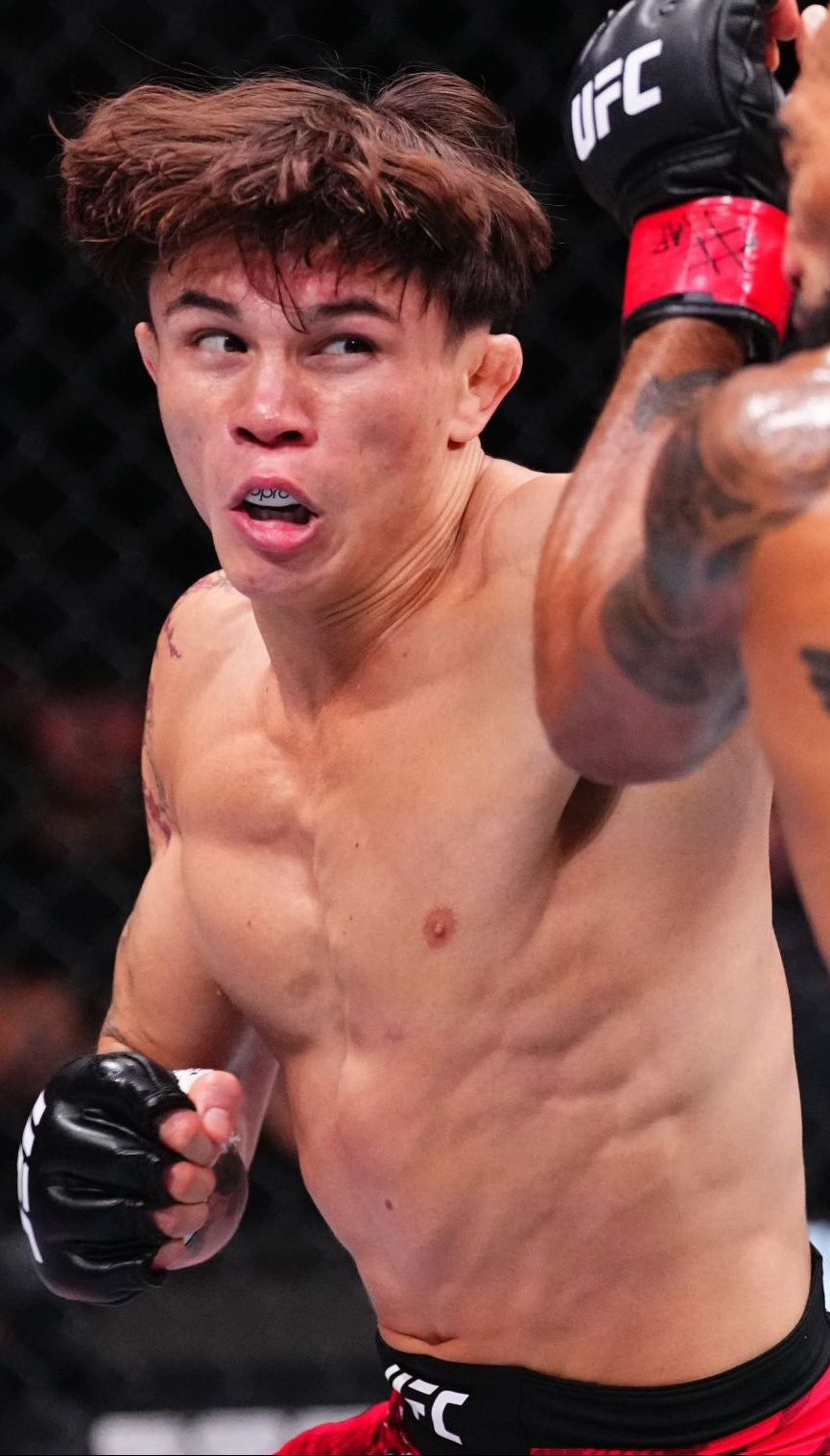 Two fighters in a UFC match, one facing the camera with a tattooed back.